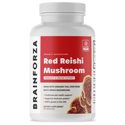 Brain Forza Certified Organic Red Reishi Mushroom Capsules Supplement 500mg 1,500mg daily Ganoderma Immune